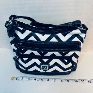 Stone Mountain navy blue and white chevron shoulder purse with silver hardware